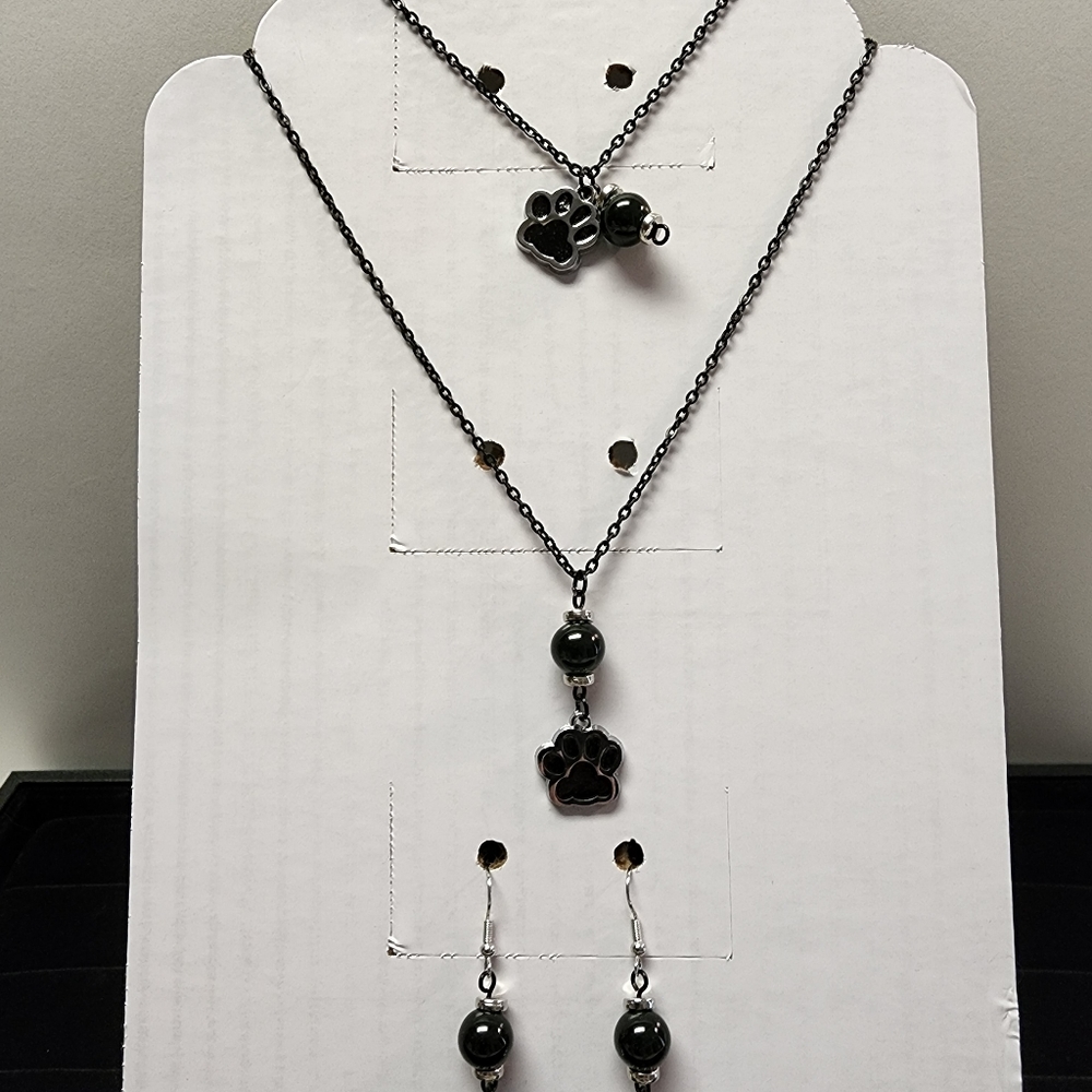 Handmade Black Paw Print Jewelry Set